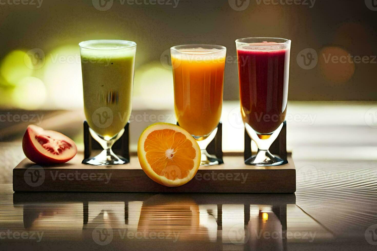 three different juices are on a wooden tray. AI-Generated photo