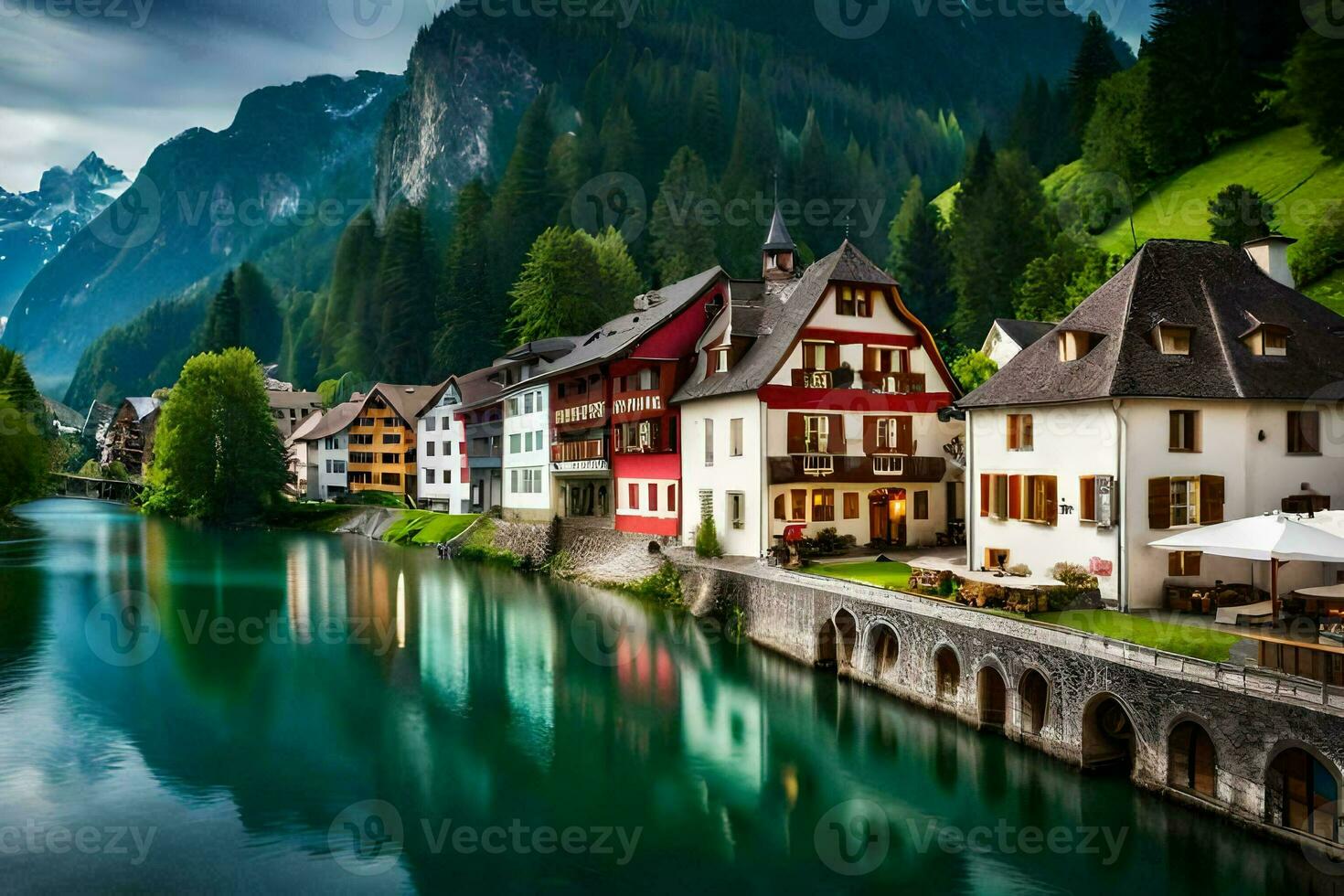 photo wallpaper mountains, water, houses, lake, switzerland, alpine, lake, sw. AI-Generated