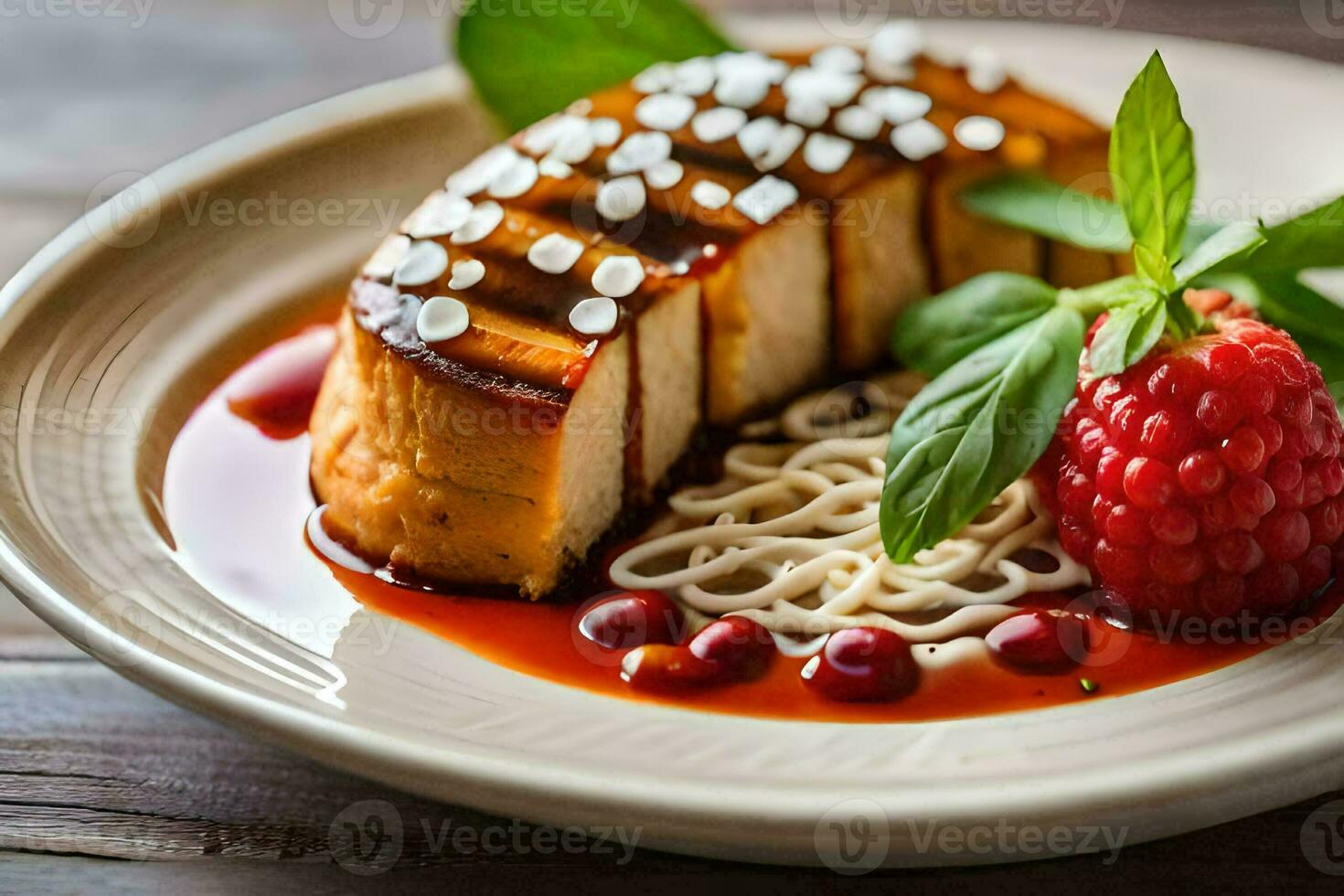 a dessert with strawberries and sauce on a plate. AI-Generated photo