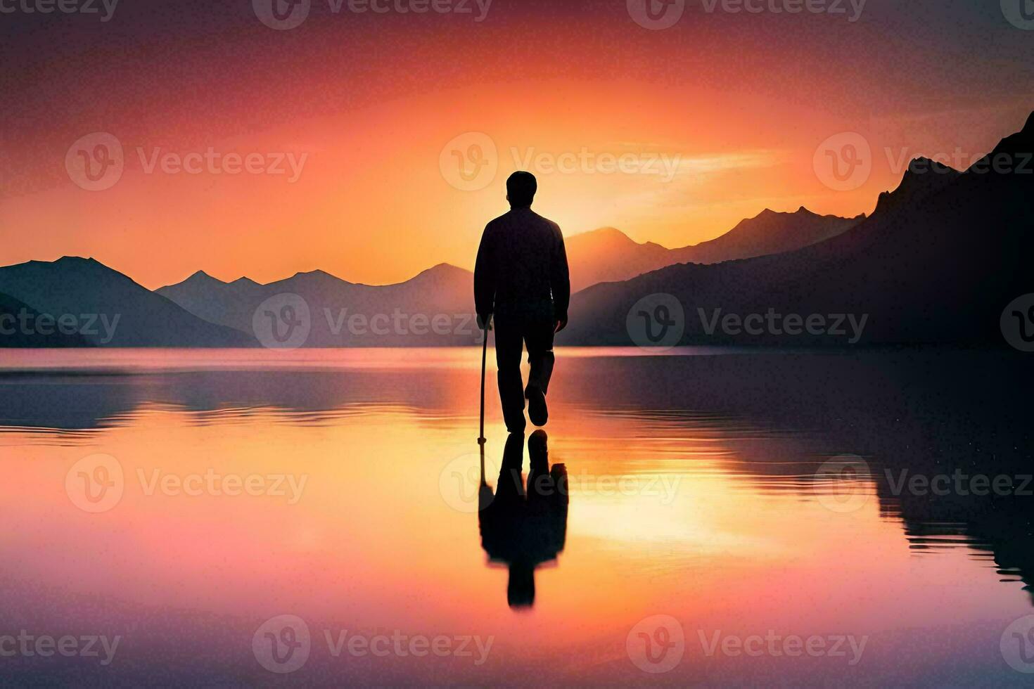un hombre caminando a través de un lago a puesta de sol. generado por ai foto