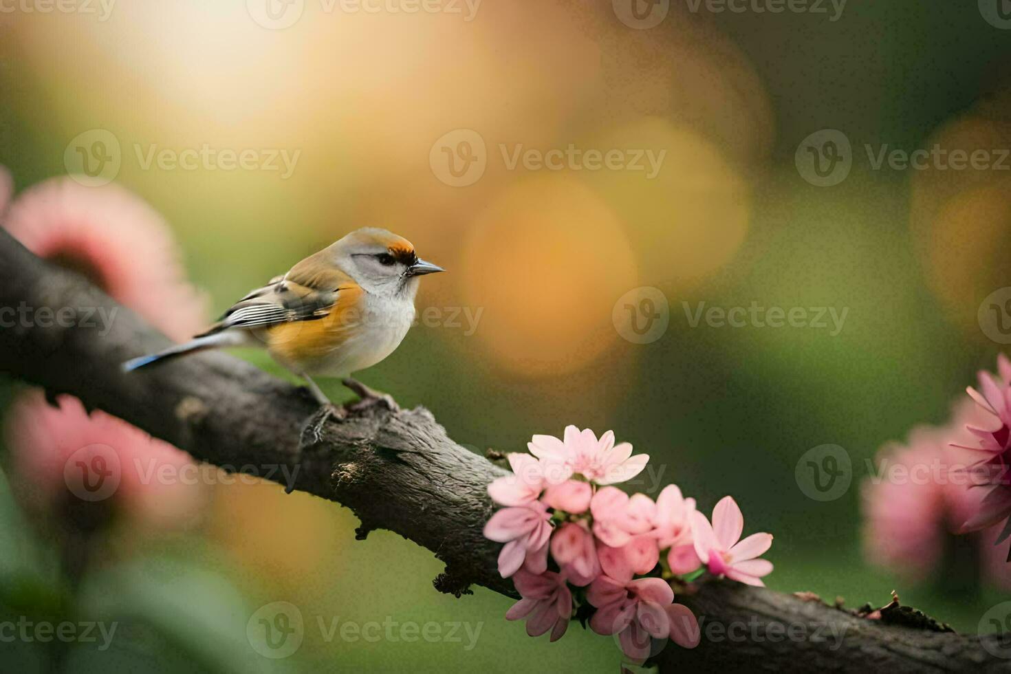 a bird sits on a branch with pink flowers. AI-Generated photo