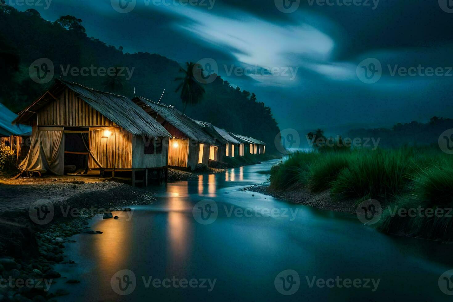 a river at night with houses and a storm. AI-Generated photo
