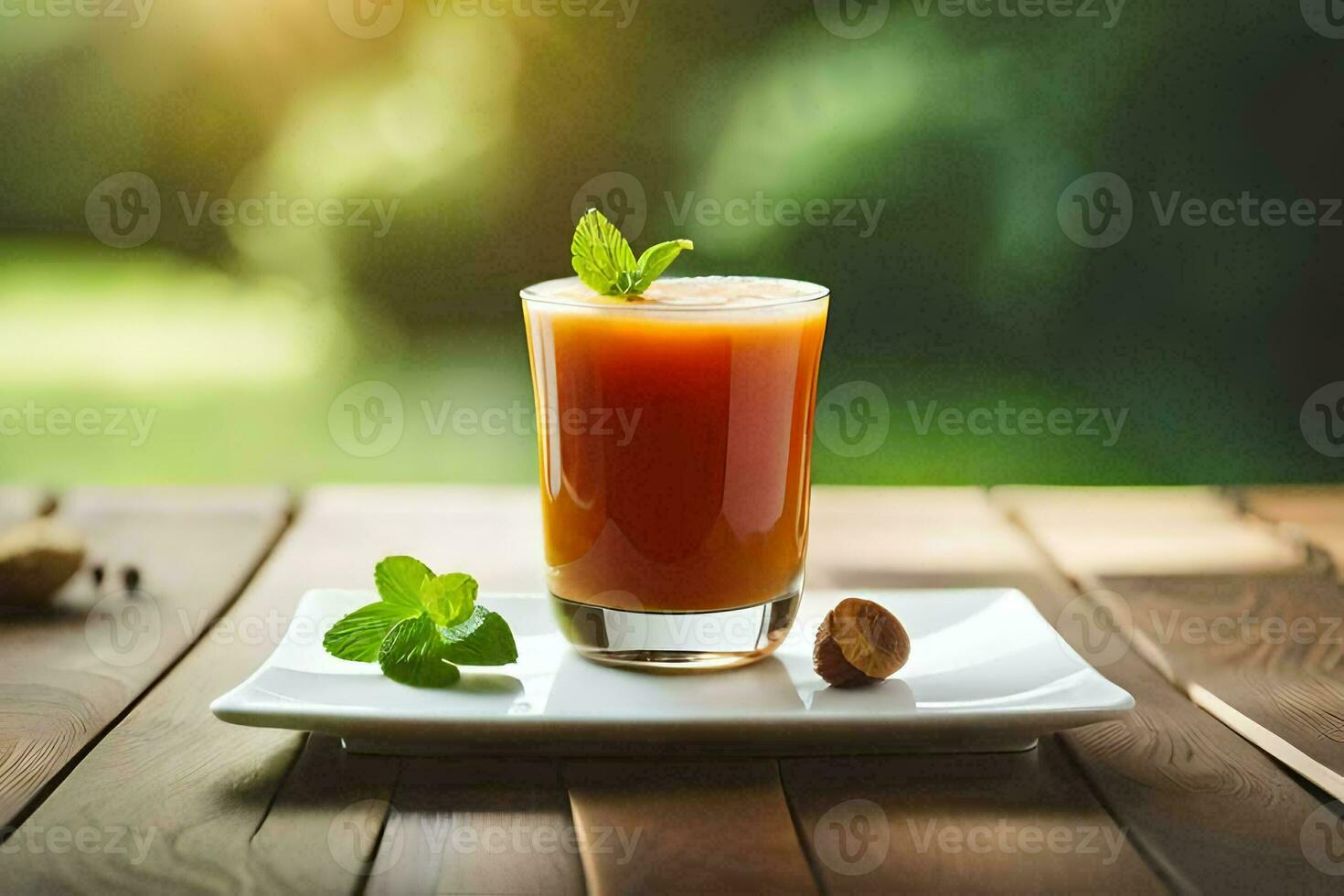 a glass of juice on a wooden table. AI-Generated photo