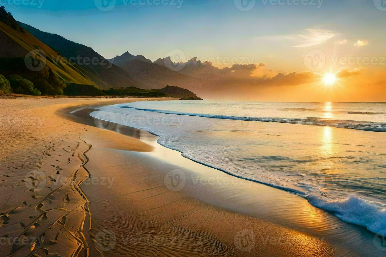 the sun rises over the ocean and the sand. AI-Generated photo