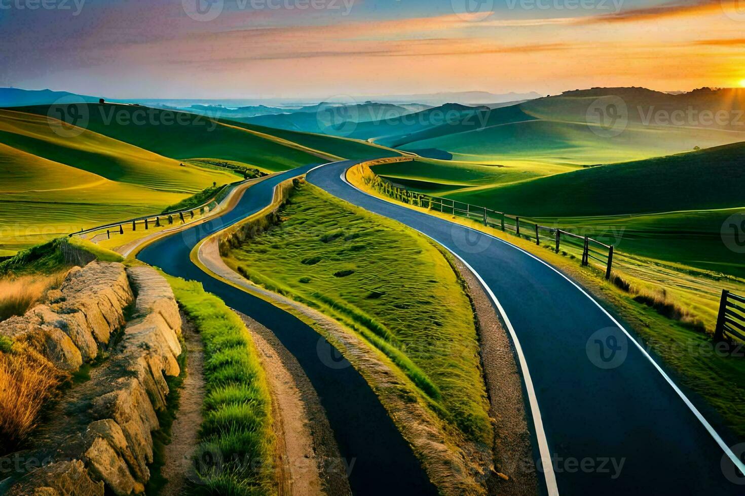 a winding road in the middle of a green field. AI-Generated photo