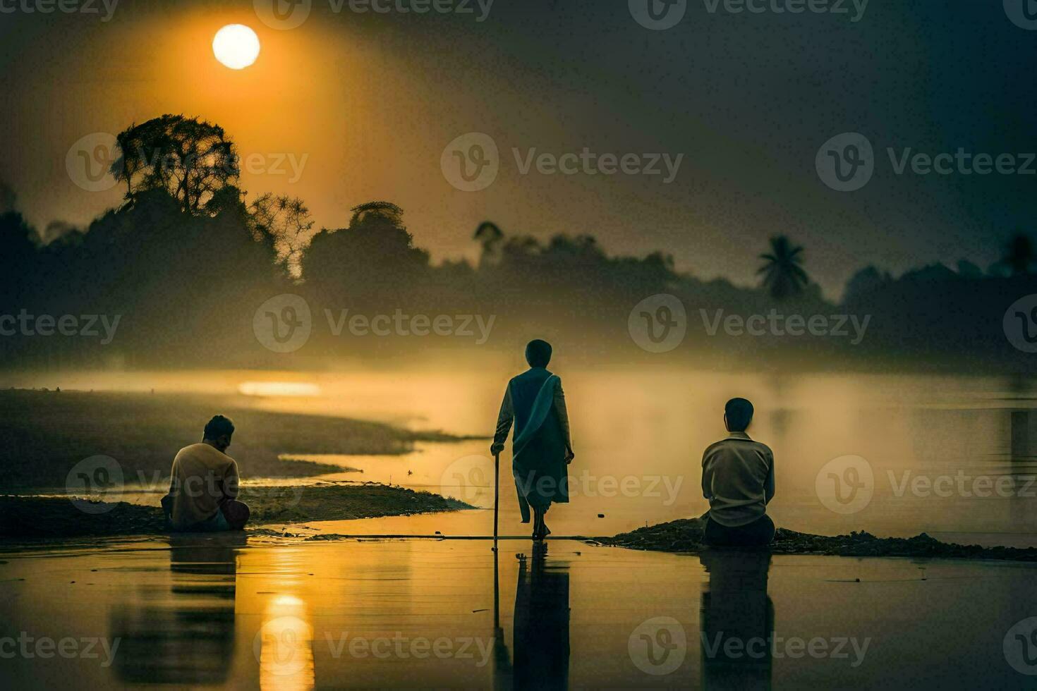 three men stand on the shore of a river at sunset. AI-Generated photo