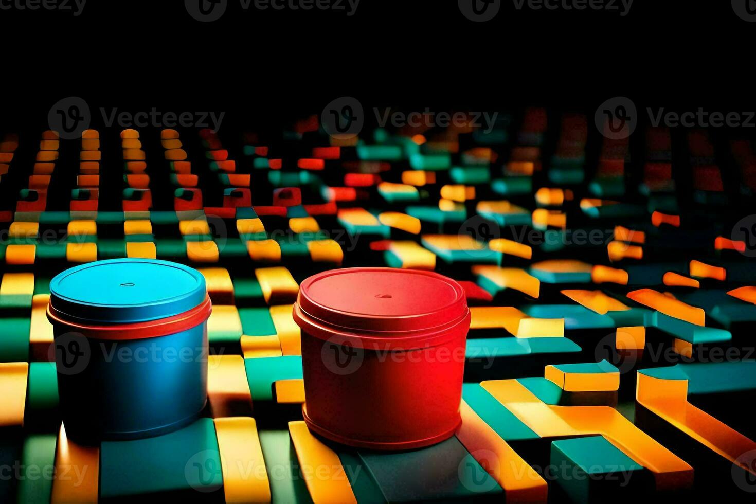 two red and blue containers sit on a colorful background. AI-Generated photo