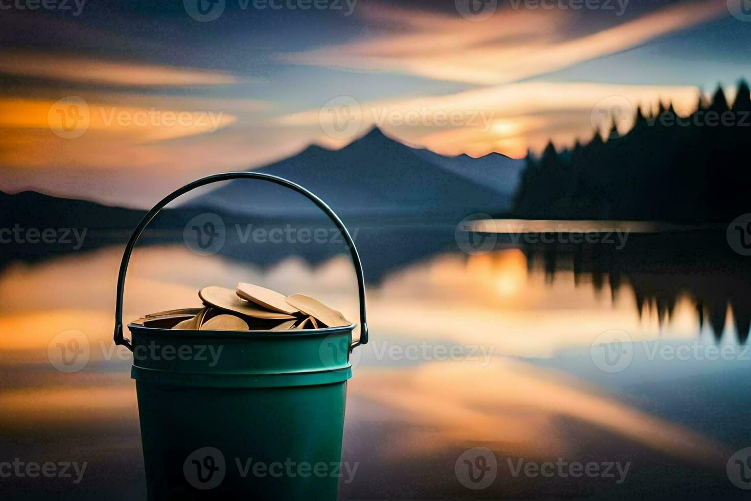 bucket of coins on the lake. AI-Generated photo