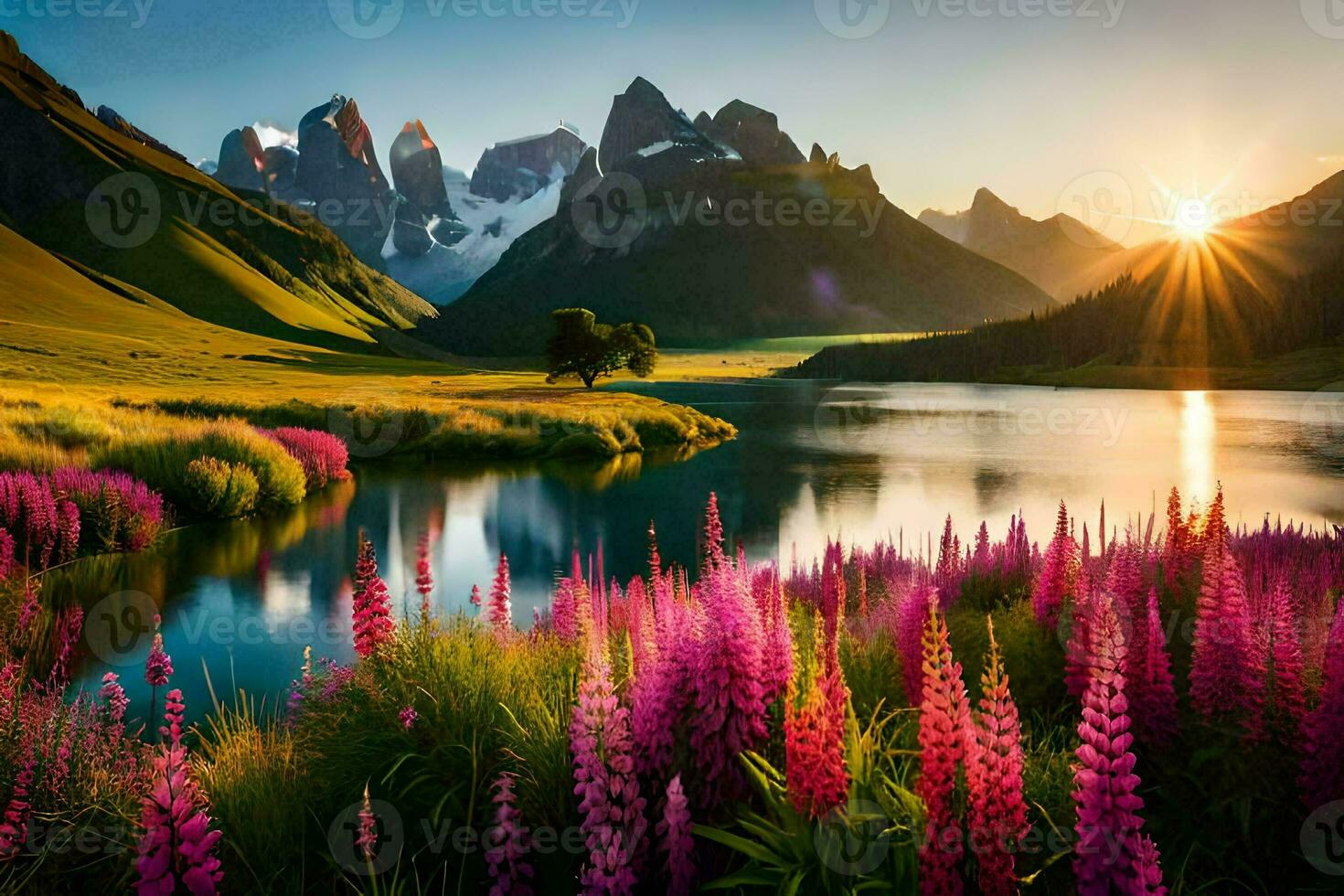 the sun rises over a lake and flowers in front of mountains. AI-Generated photo