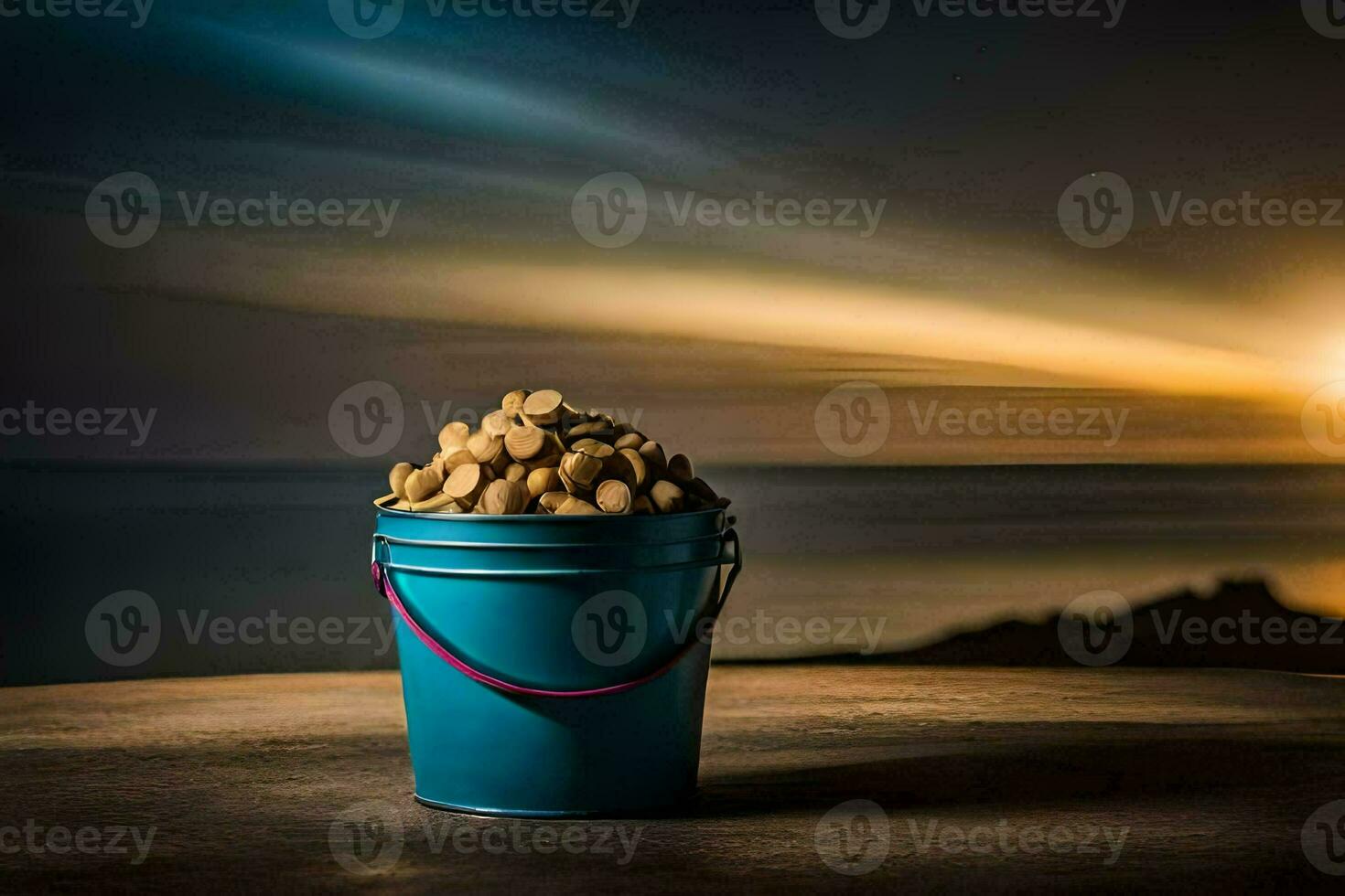 a bucket of peanuts on a table in front of the ocean. AI-Generated photo