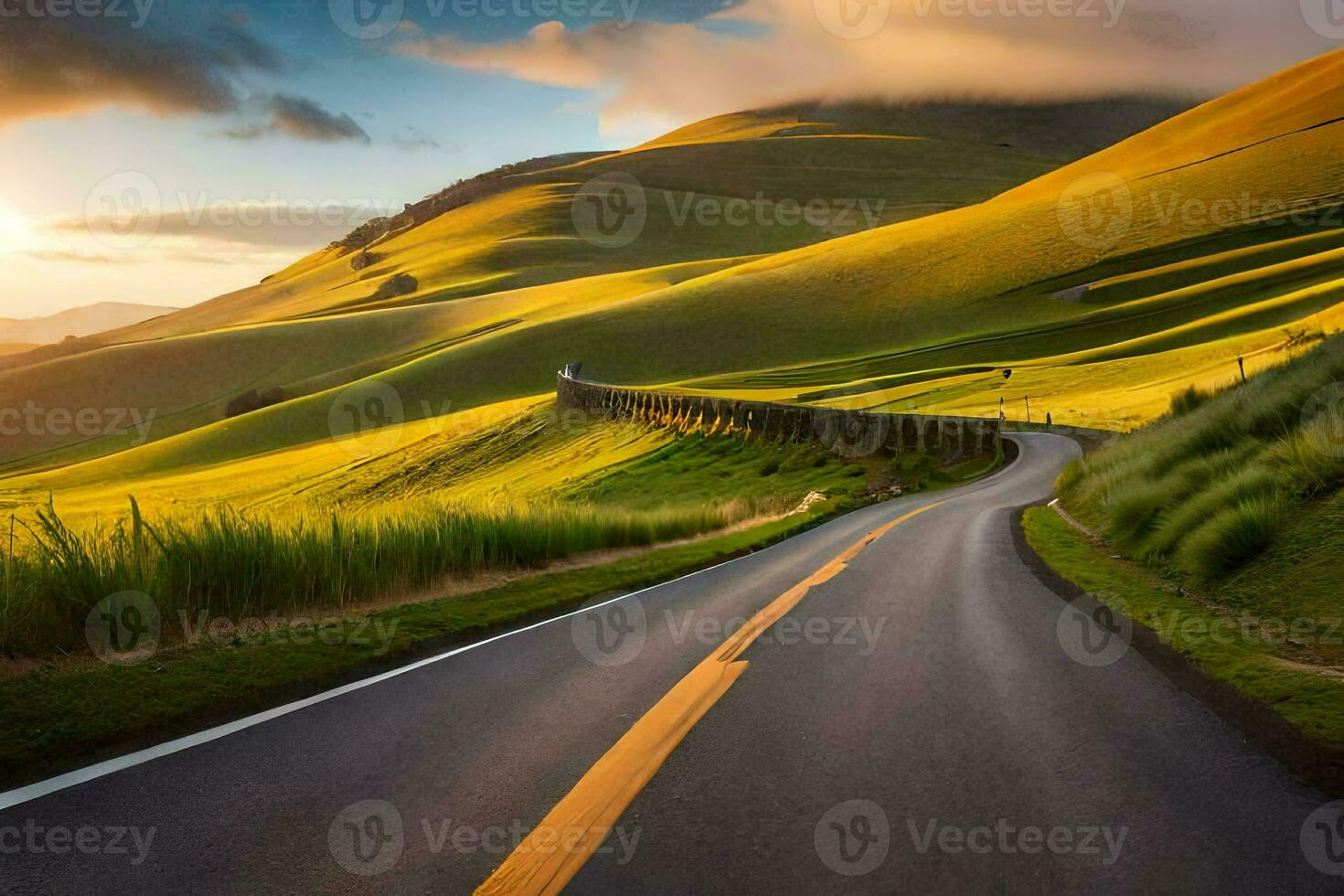 the road to the sunset. AI-Generated photo