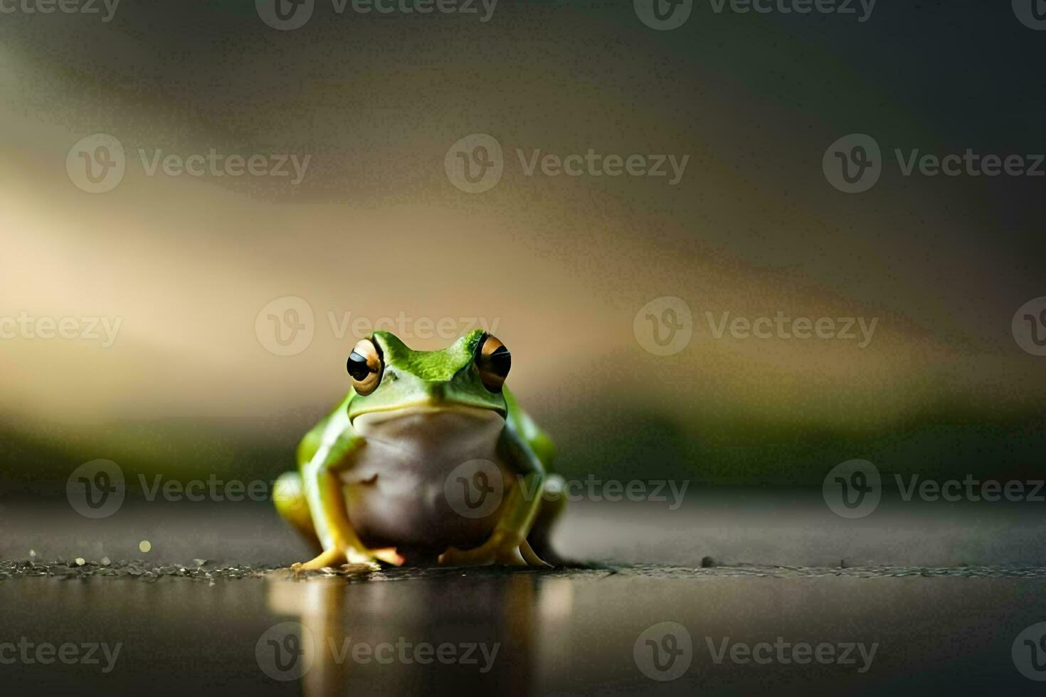 a frog sitting on the ground with a blurry background. AI-Generated photo