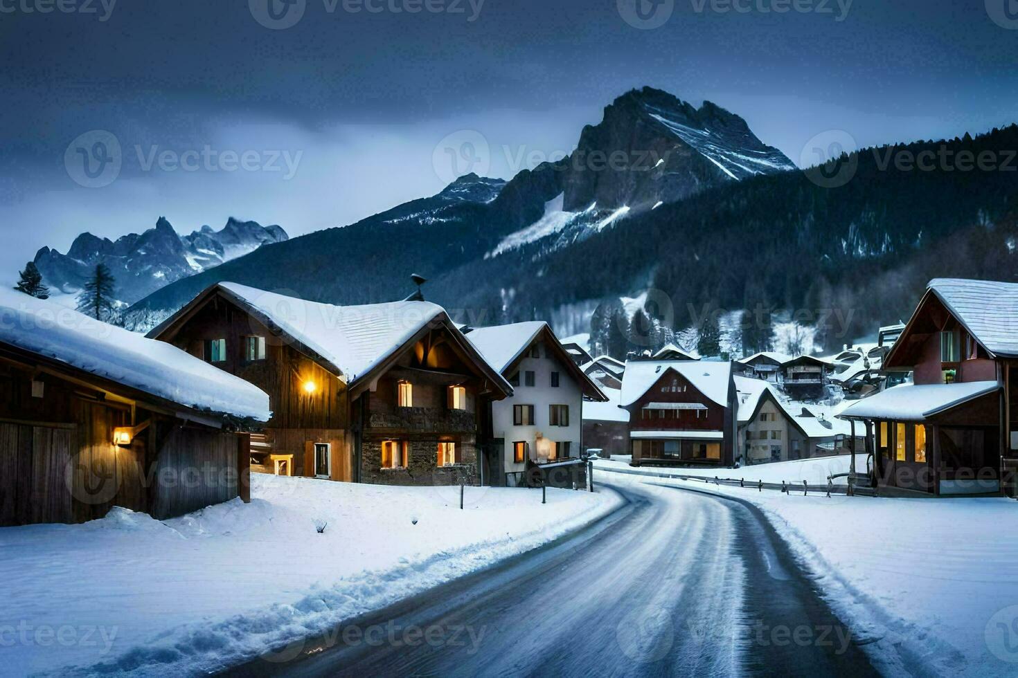 a snowy road in the mountains with houses and mountains in the background. AI-Generated photo