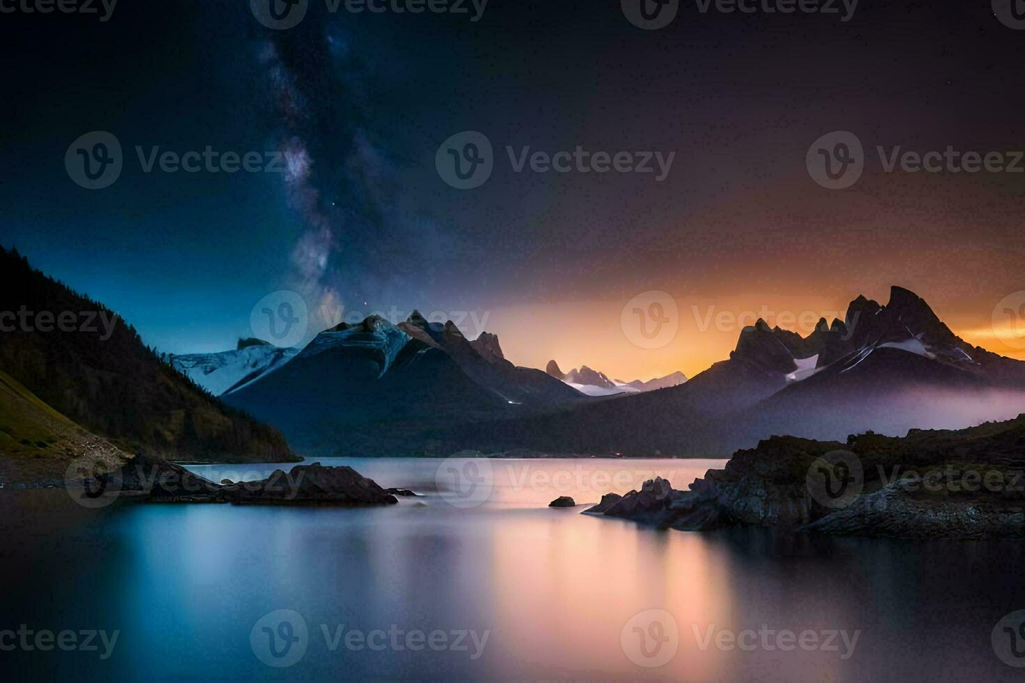 the milky way over a lake and mountains. AI-Generated photo
