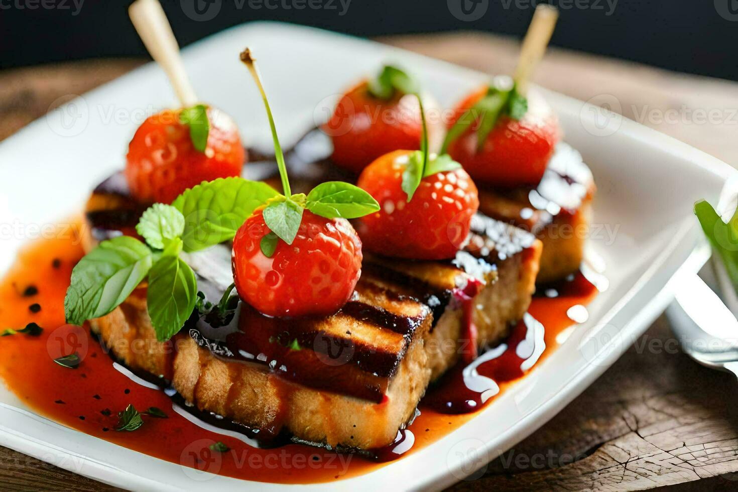 grilled tofu with strawberries and sauce on a white plate. AI-Generated photo