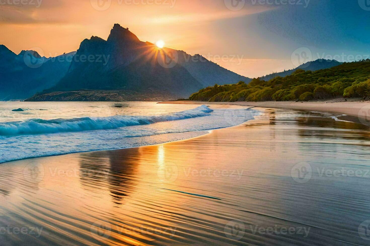 the sun rises over the mountains and the beach. AI-Generated photo