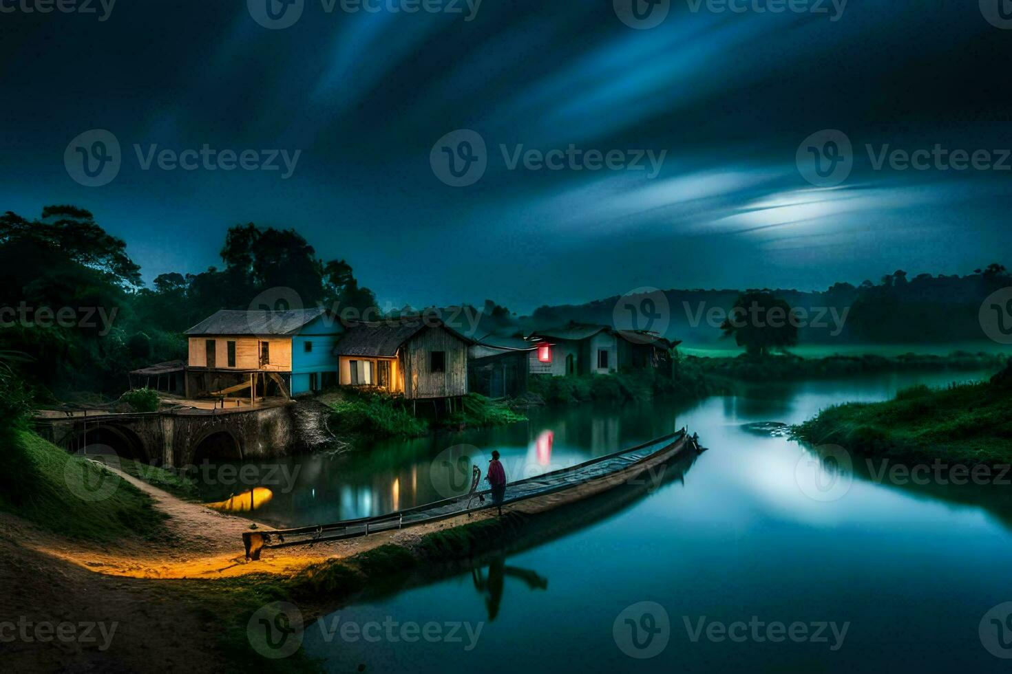a boat is tied to a dock at night in a river. AI-Generated photo