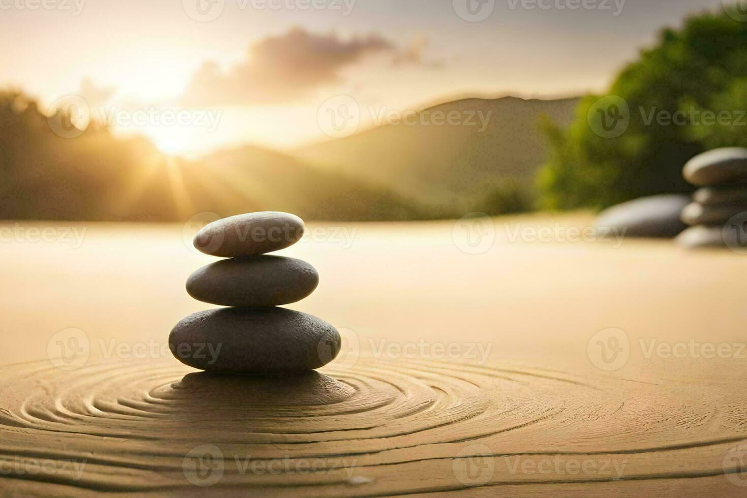 a stack of stones in the sand with the sun setting behind it. AI-Generated photo