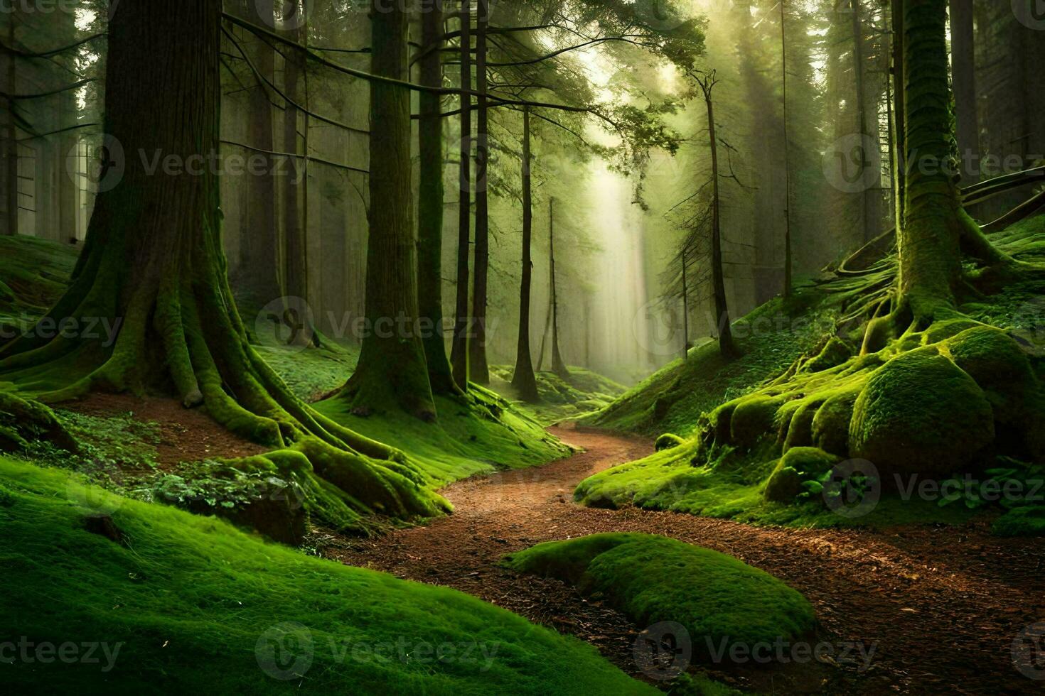 a path through a green forest with mossy trees. AI-Generated photo