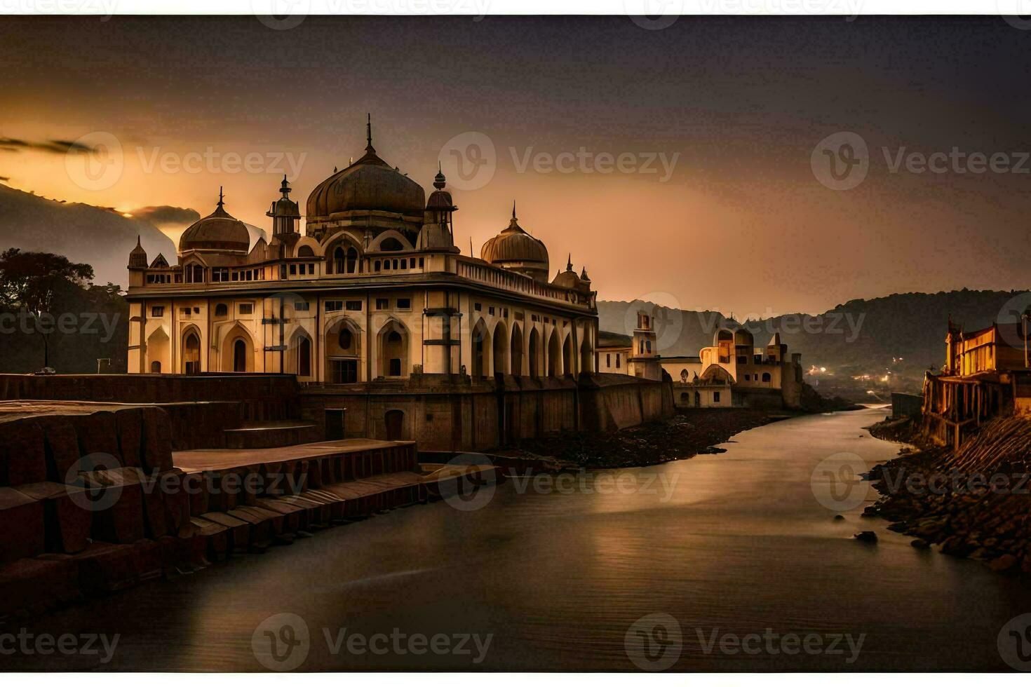 el puesta de sol terminado el río en frente de un mezquita. generado por ai foto