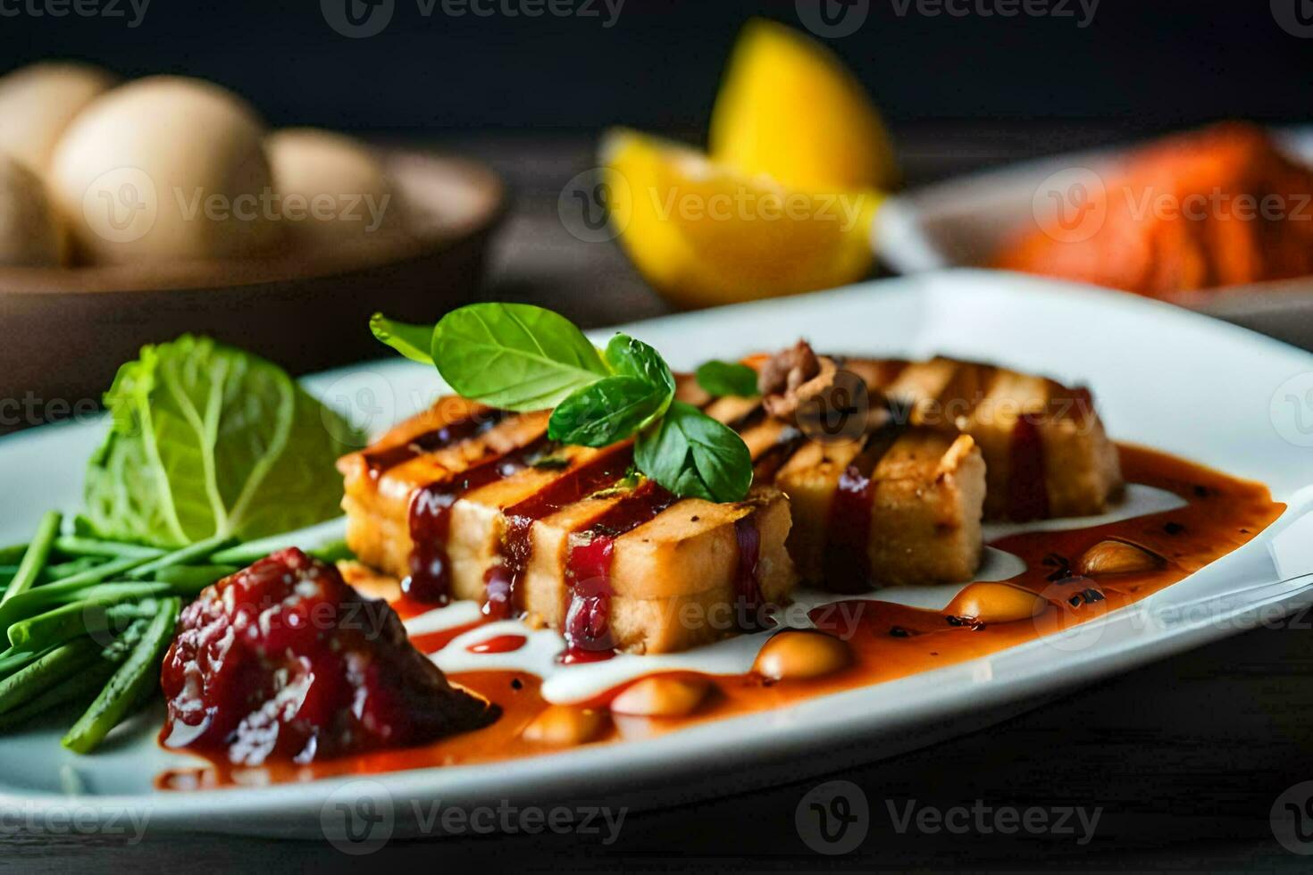 a plate with food on it and a glass of wine. AI-Generated photo