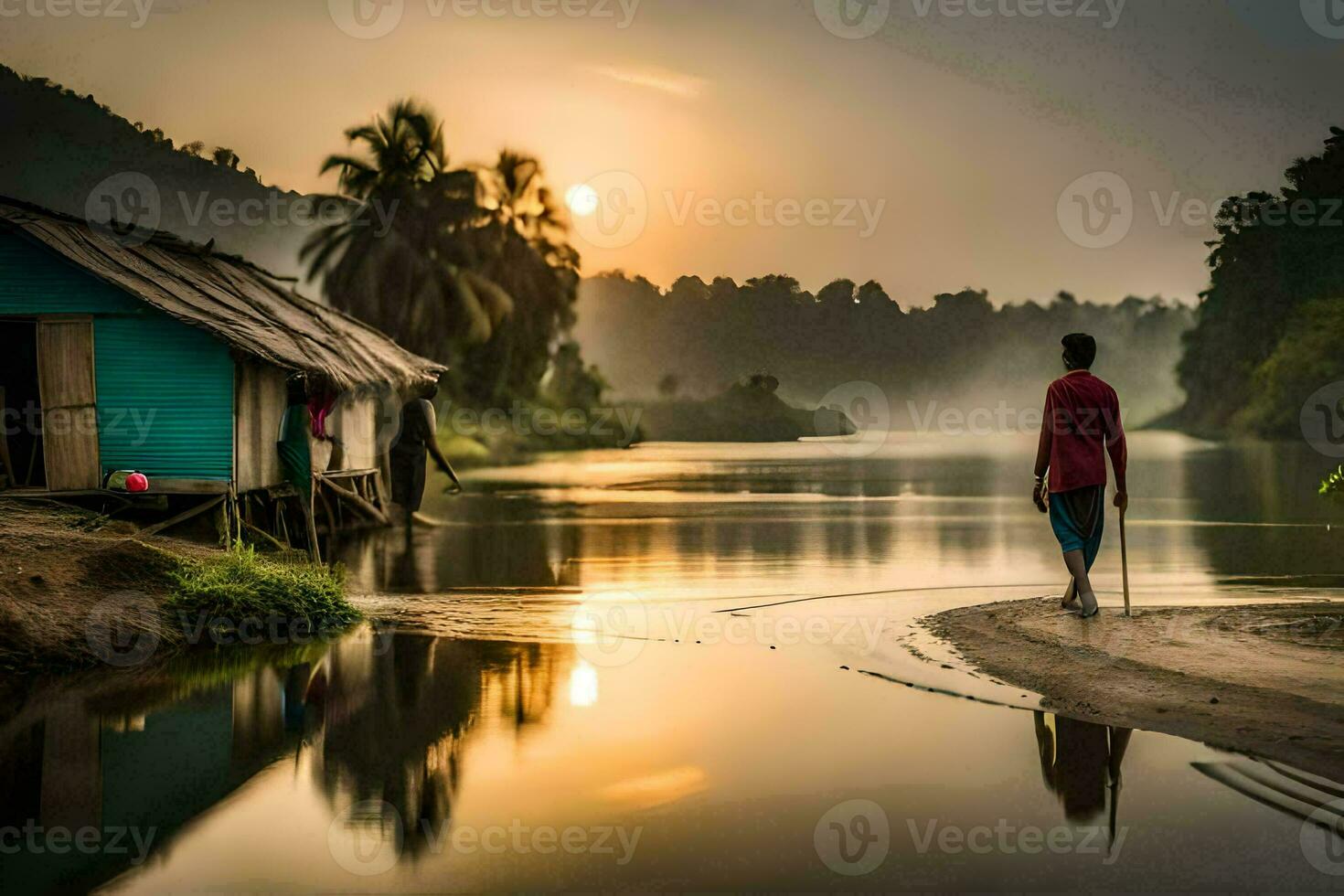 a man walking along the shore of a river at sunset. AI-Generated photo