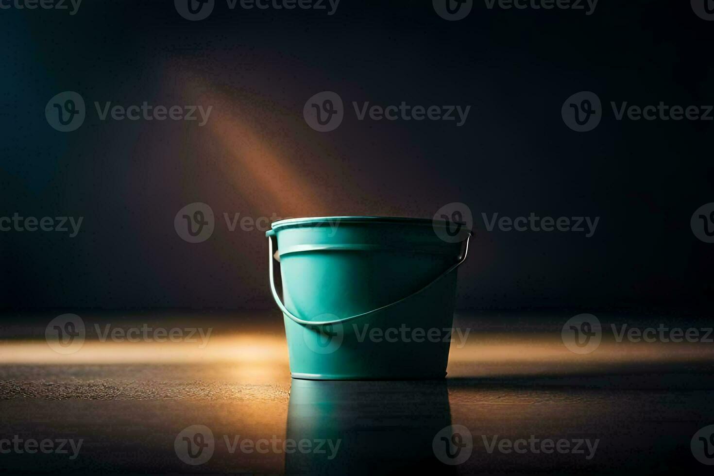a green bucket sitting on a table. AI-Generated photo