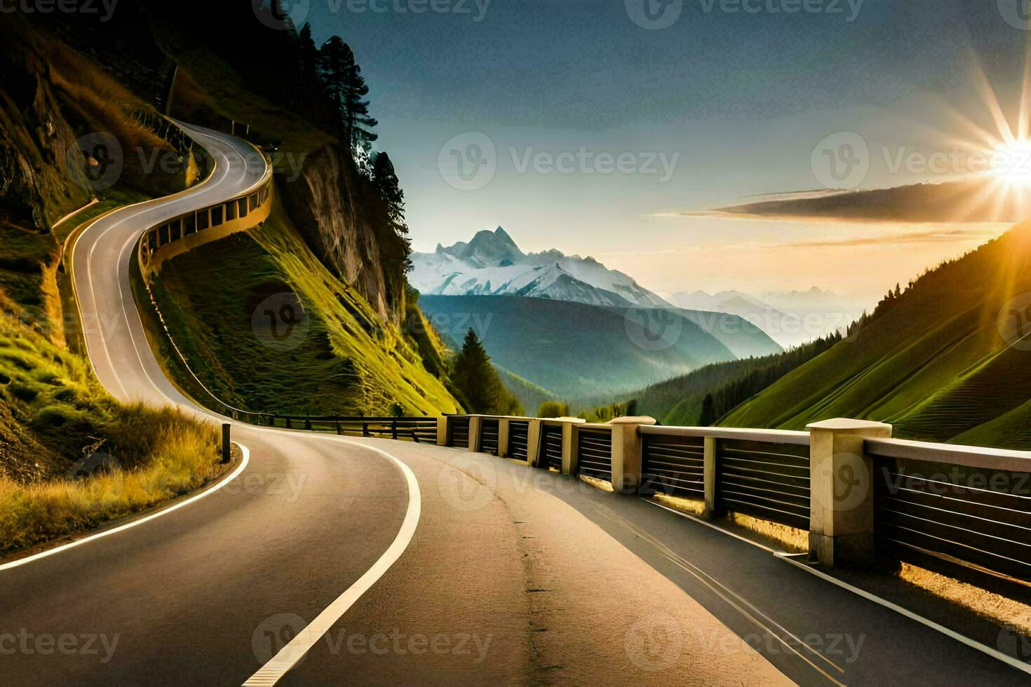 a winding road in the mountains with the sun setting. AI-Generated photo