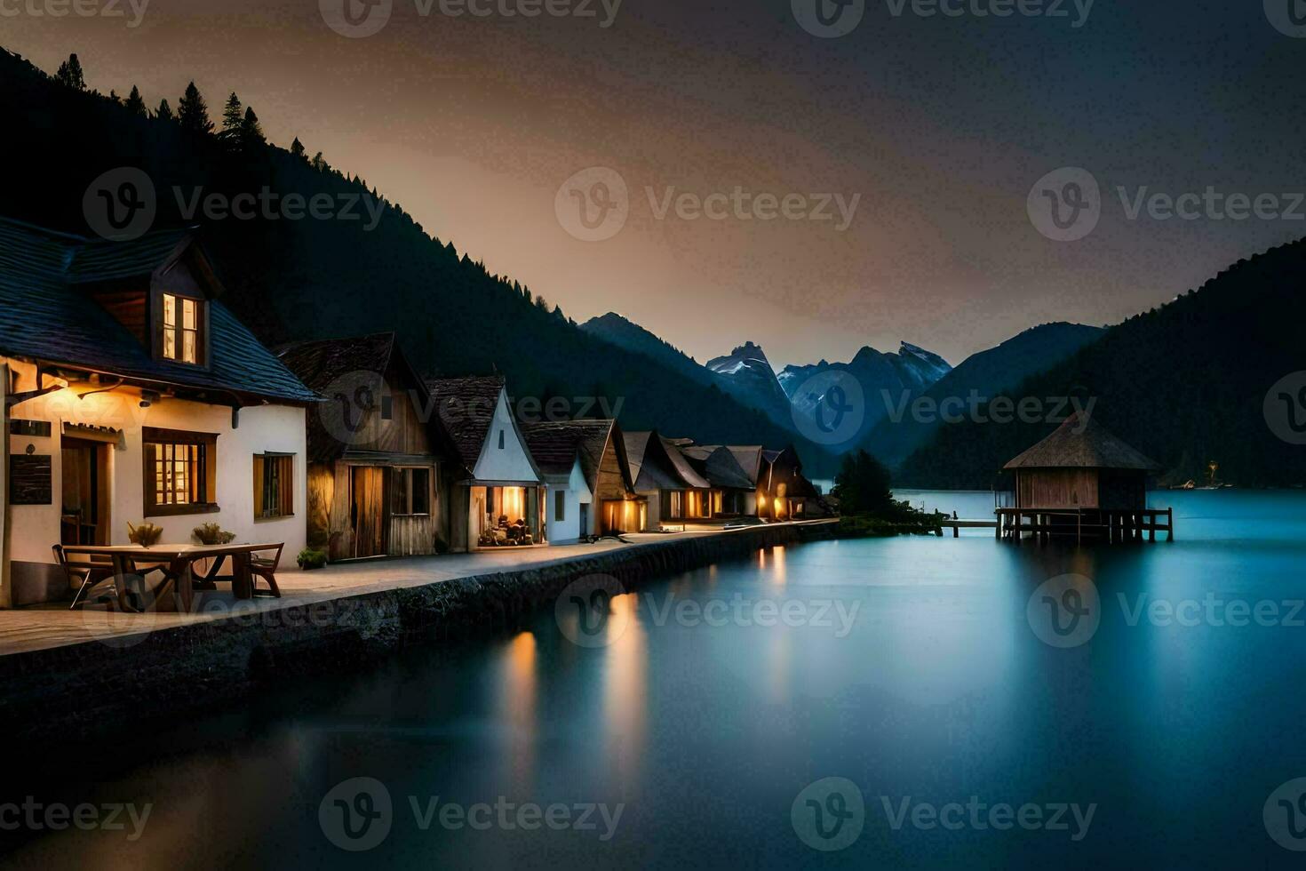 photo wallpaper the sky, lake, mountains, house, lake, house, the sky, lake. AI-Generated