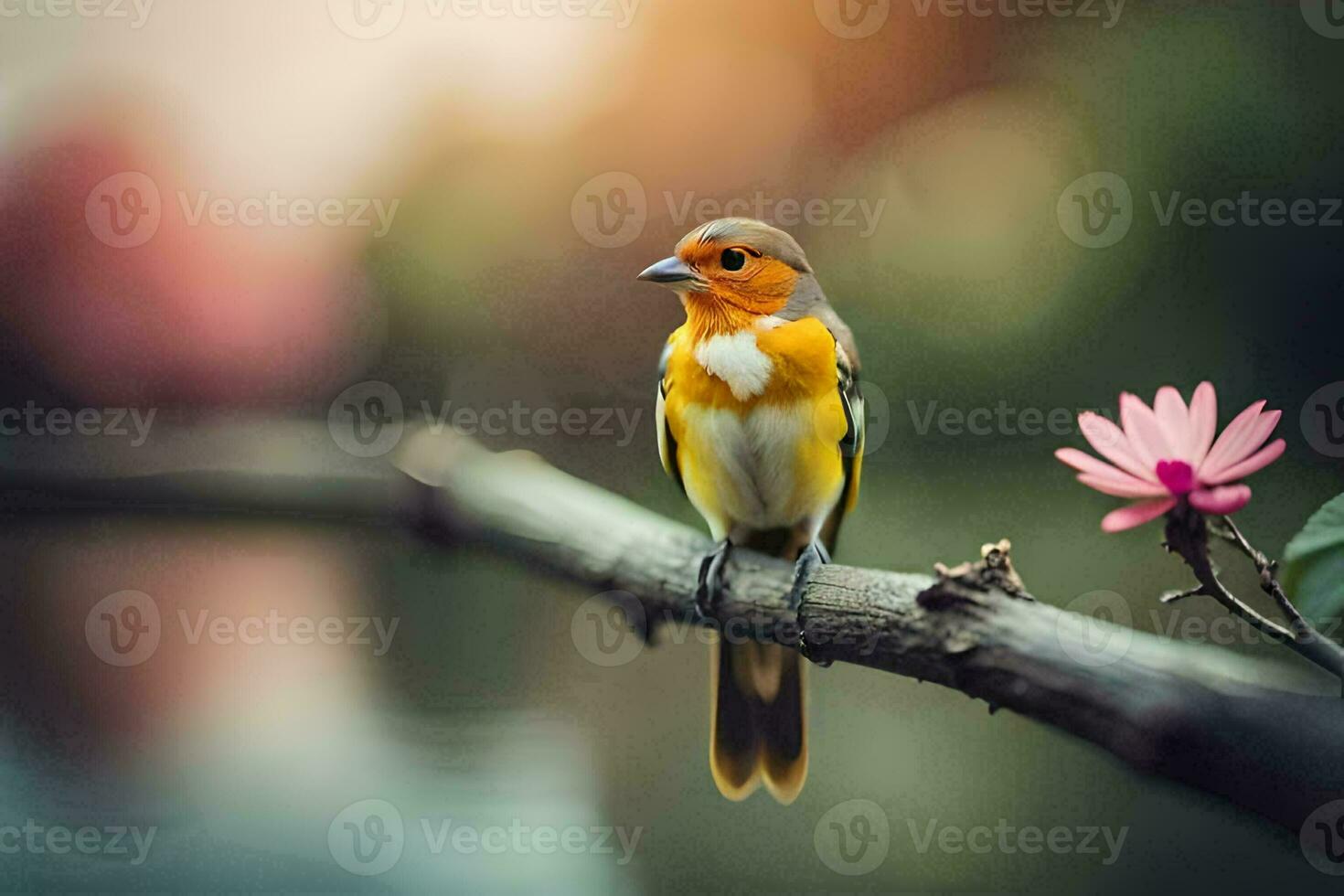a small bird is sitting on a branch near a flower. AI-Generated photo