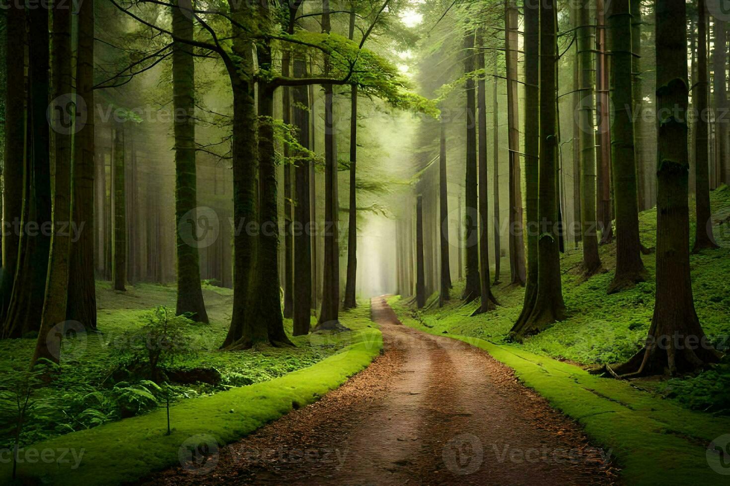 a dirt road in the middle of a forest. AI-Generated photo