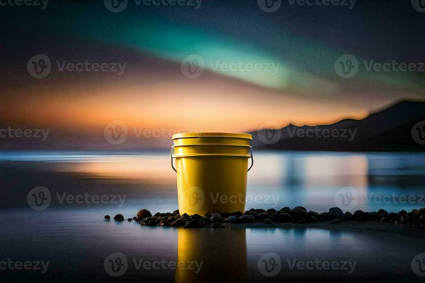 a yellow bucket sits on the beach at sunset. AI-Generated photo