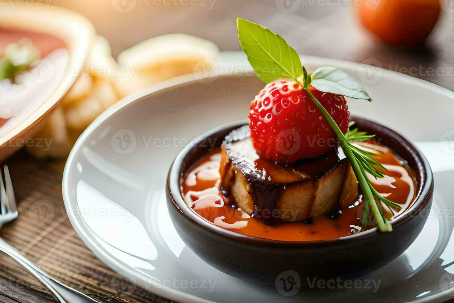 a plate with a dessert and a strawberry. AI-Generated photo
