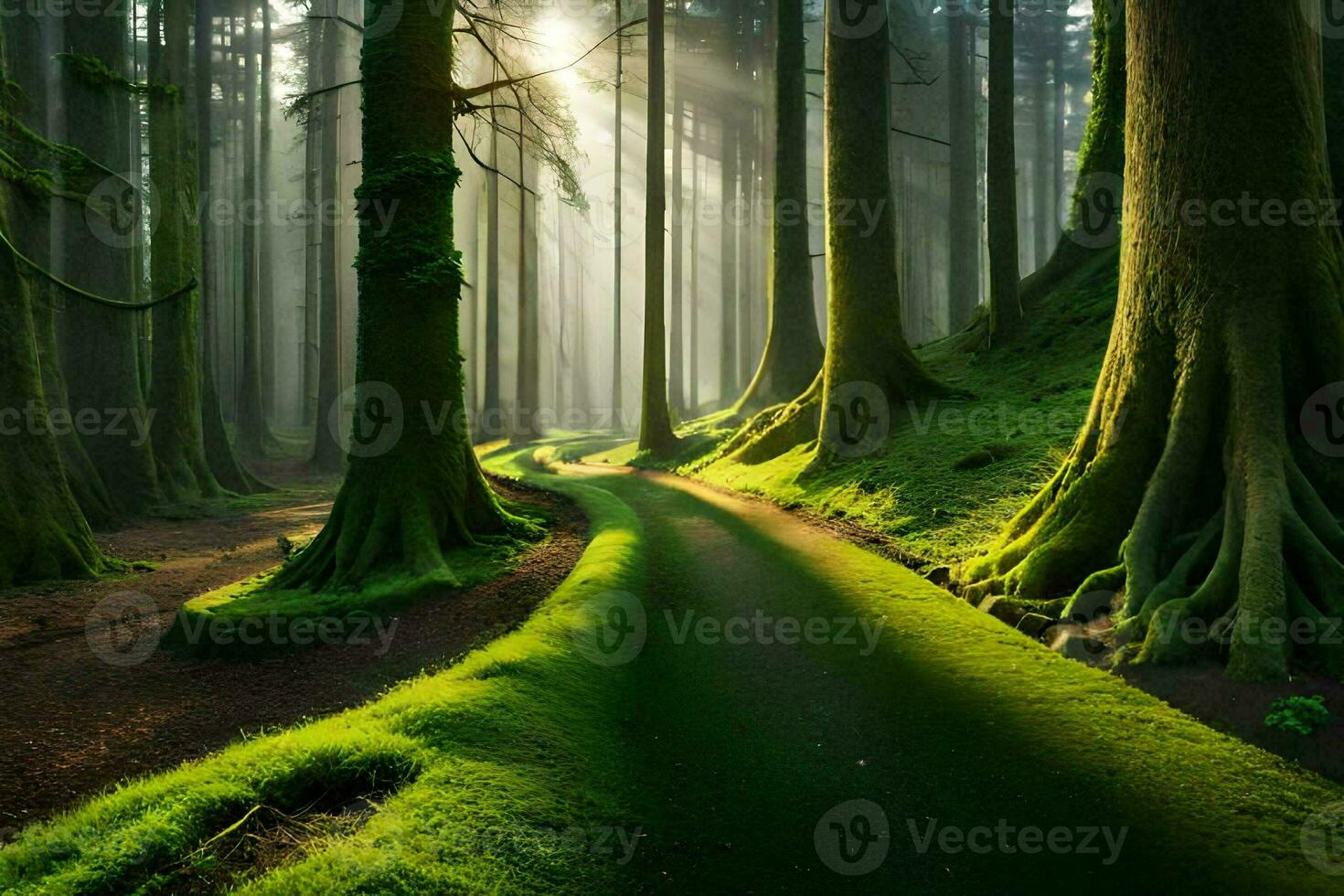 a path through a forest with trees and grass. AI-Generated photo