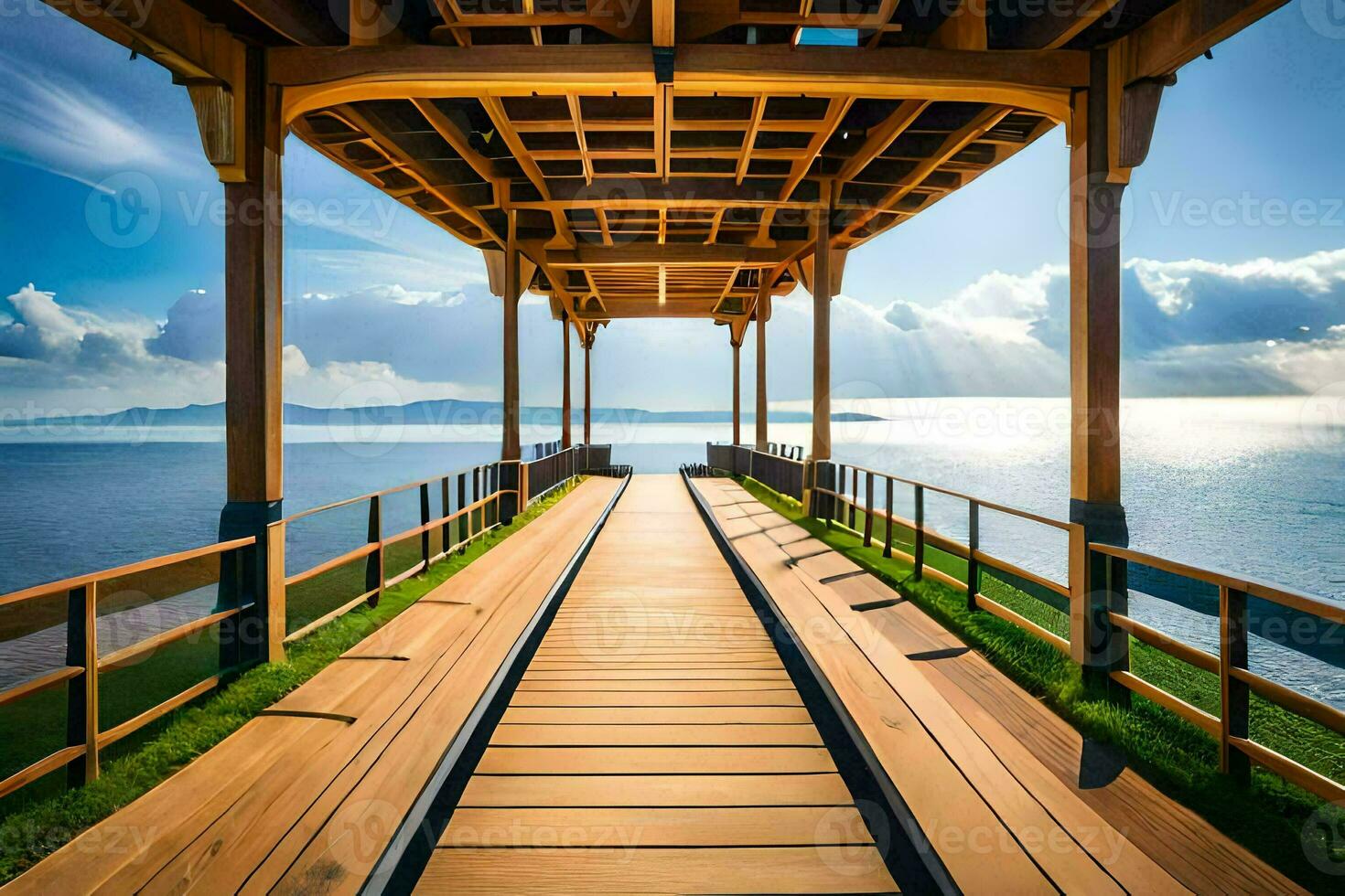 a wooden walkway leads to the ocean. AI-Generated photo
