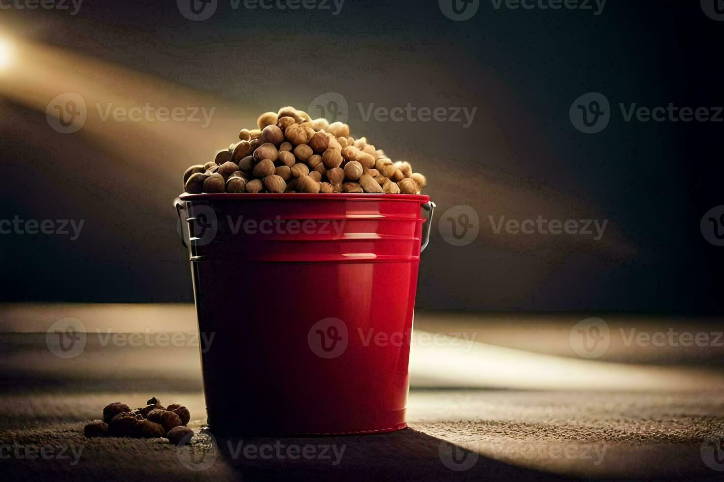 a red bucket filled with beans on a wooden table. AI-Generated photo