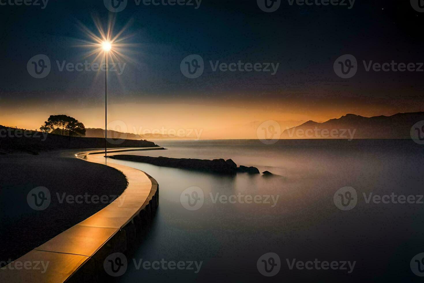 a long, dark road leading to the sea at sunset. AI-Generated photo