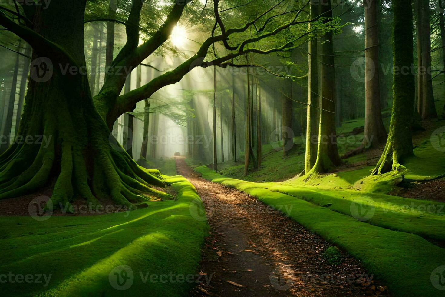 a path through a green forest with trees and sunbeams. AI-Generated photo