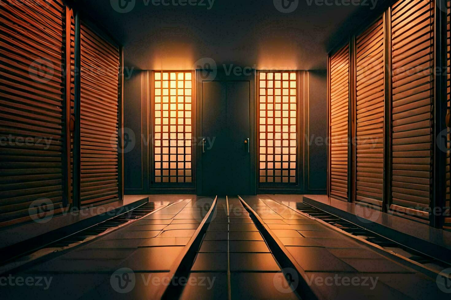 a hallway with wooden shutters and a light. AI-Generated photo