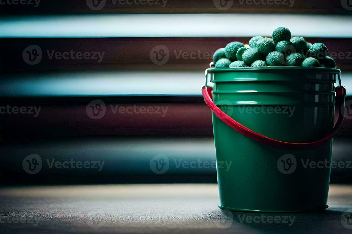 a green bucket filled with green beans. AI-Generated photo