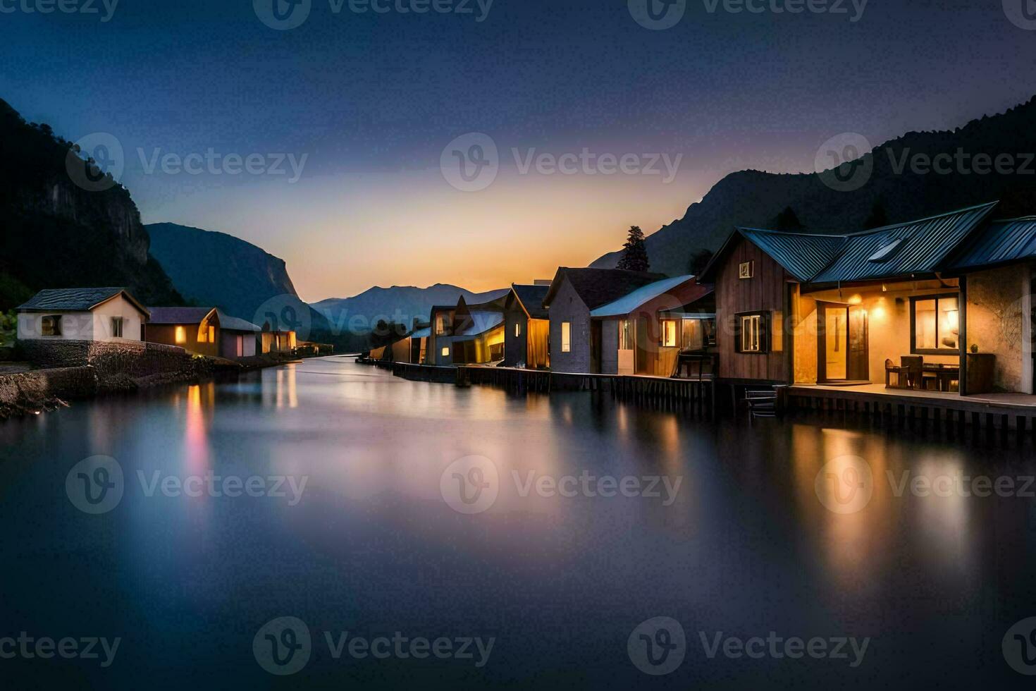 houses on the water at dusk in the mountains. AI-Generated photo