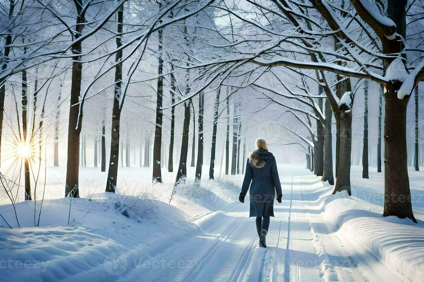 woman walking in the snow in a forest. AI-Generated photo