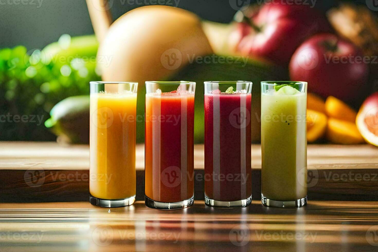 five different juices are lined up on a table. AI-Generated photo