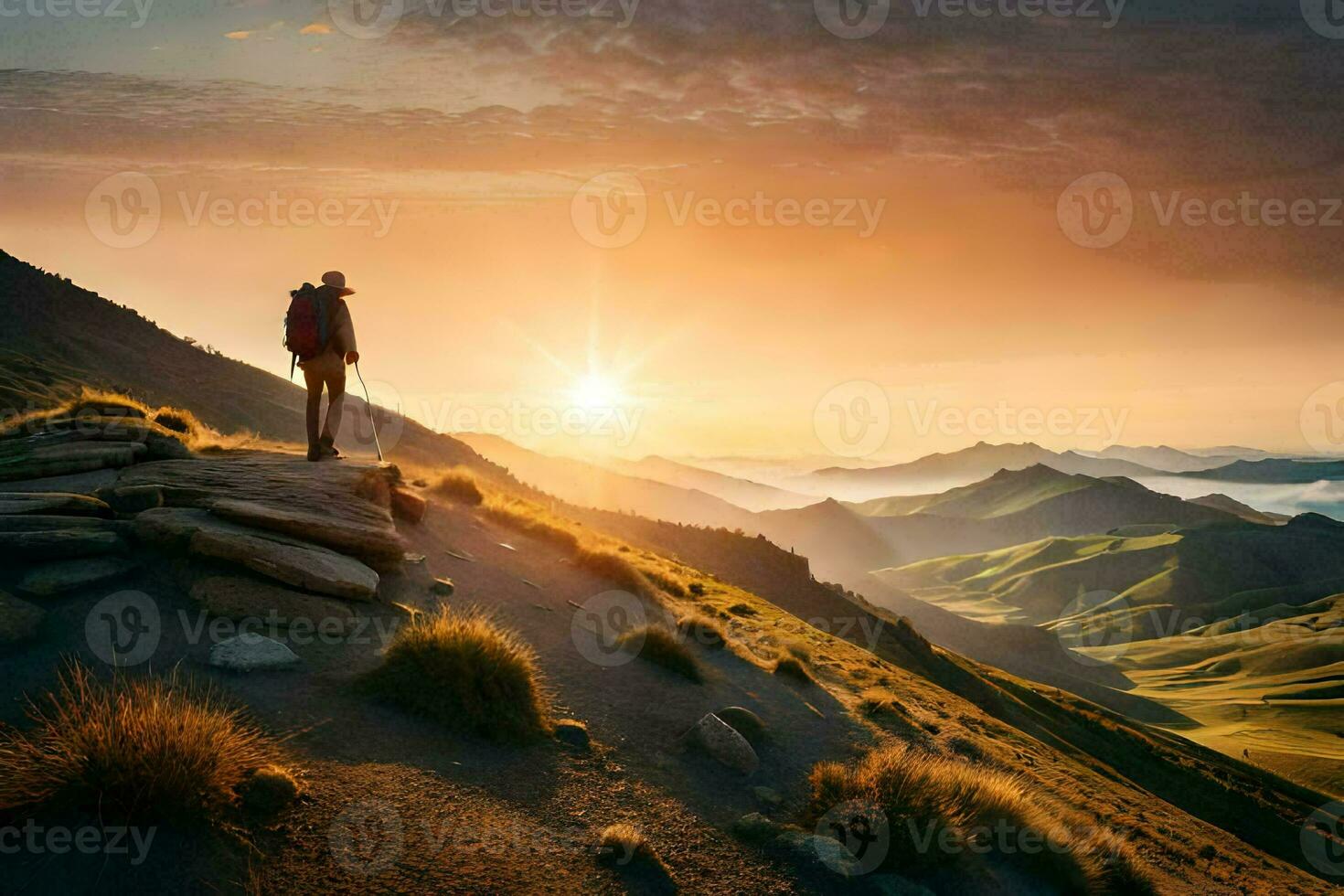 the man on the mountain at sunrise. AI-Generated photo