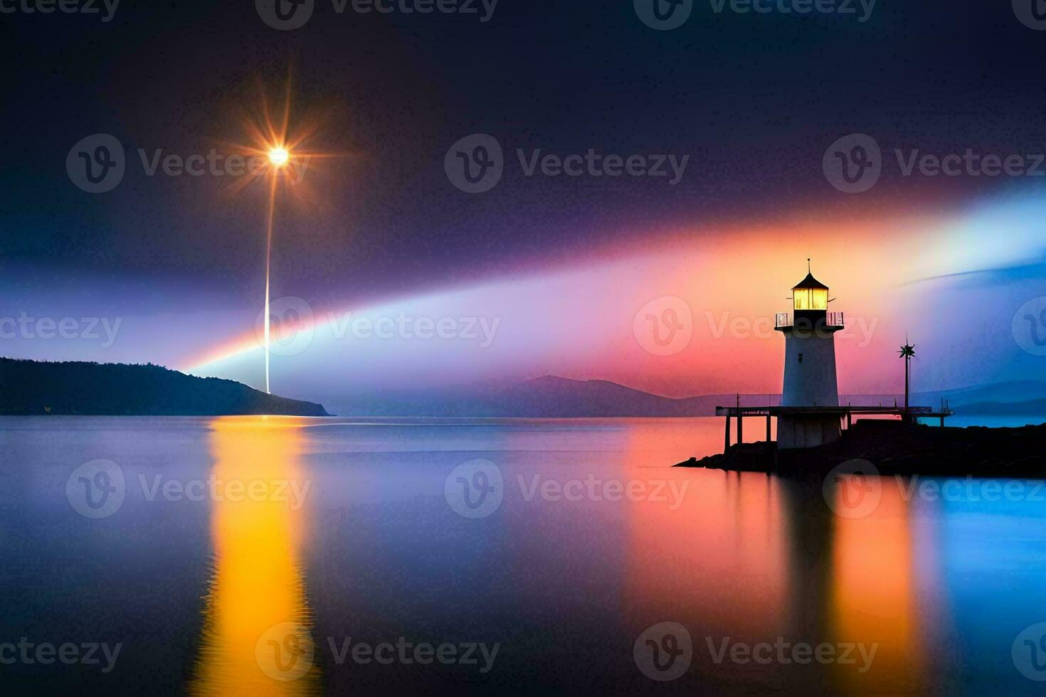 a lighthouse and a rainbow over the water. AI-Generated photo