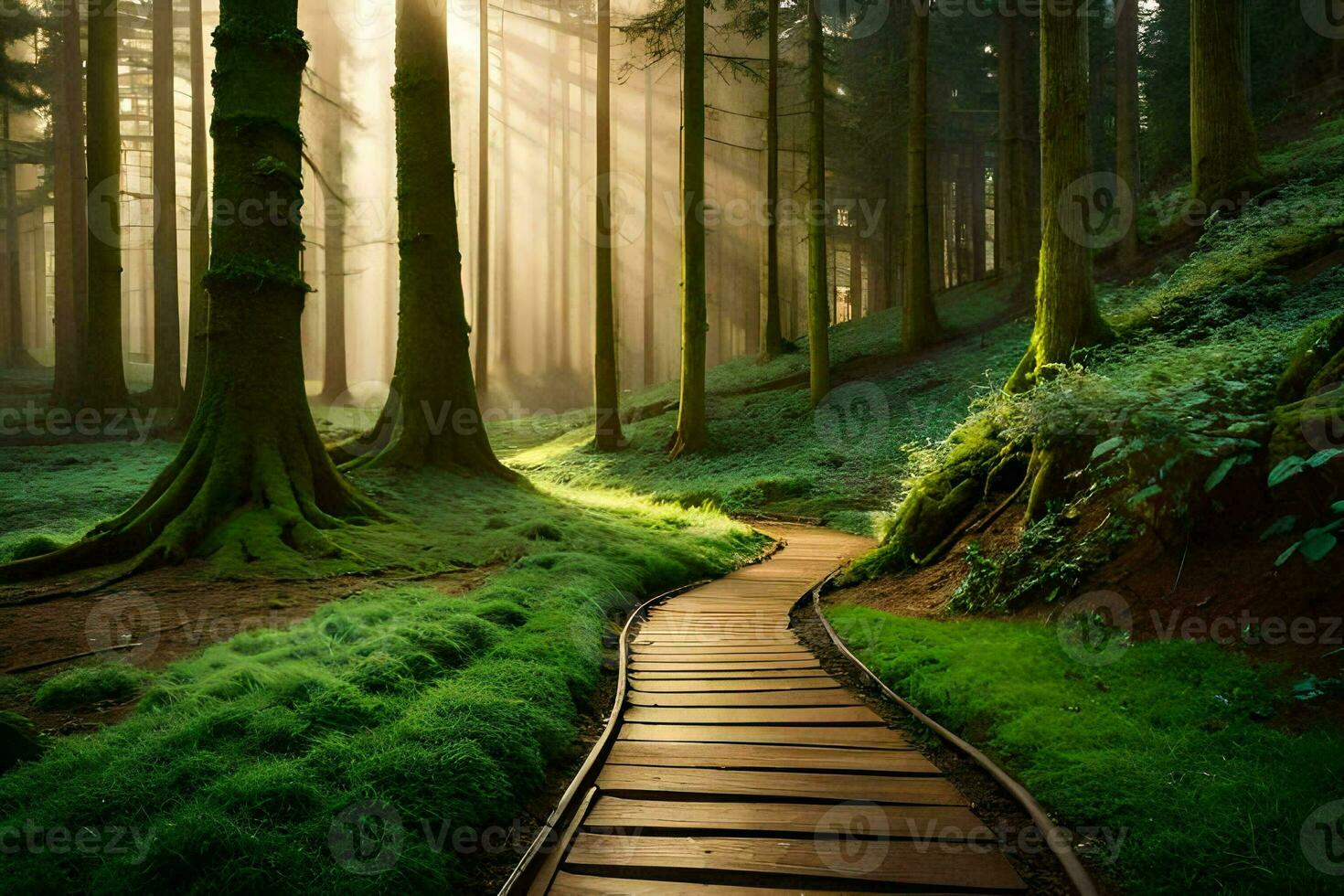 a wooden path leads through the forest to the sun. AI-Generated photo