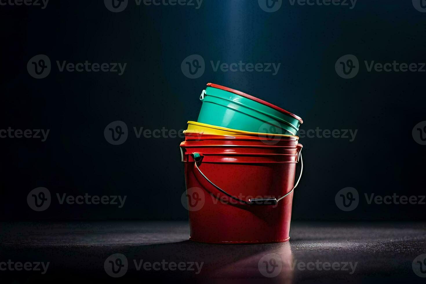 a stack of three colorful buckets on a dark background. AI-Generated photo