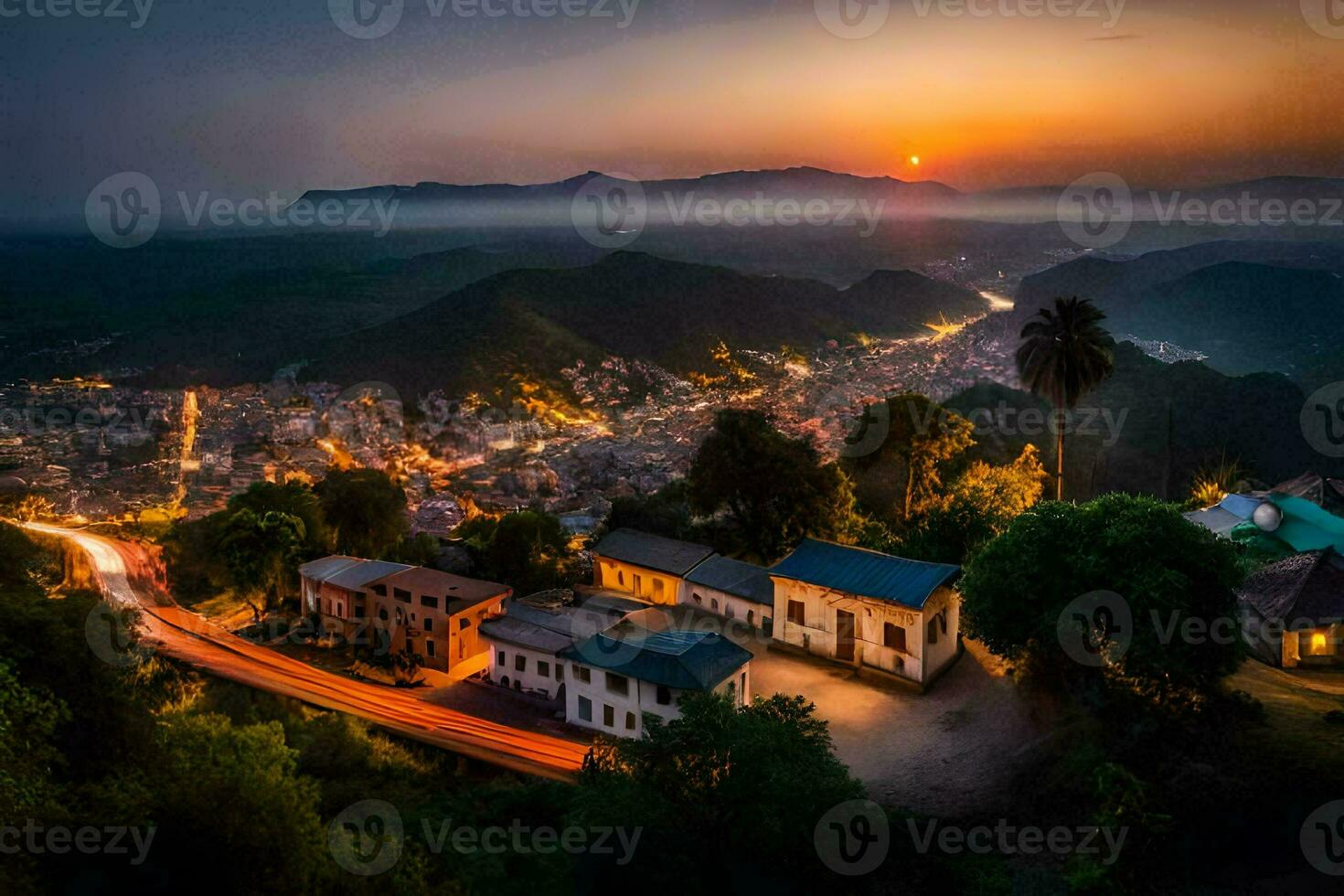 the sun sets over a town in the mountains. AI-Generated photo