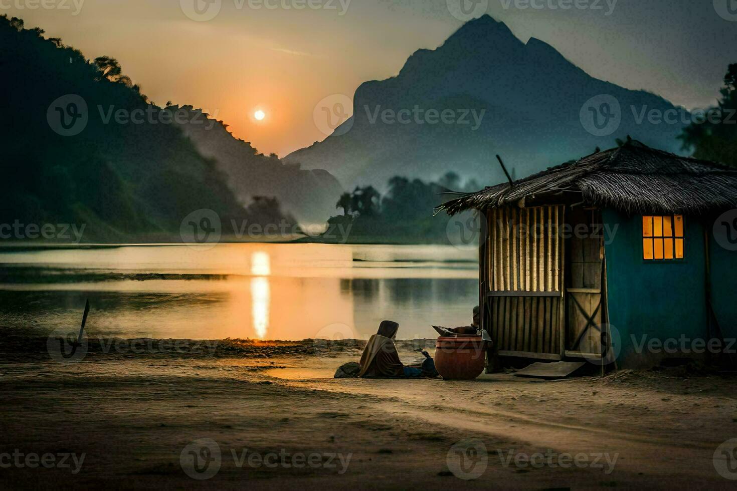 the sun sets over the mountains and the hut. AI-Generated photo