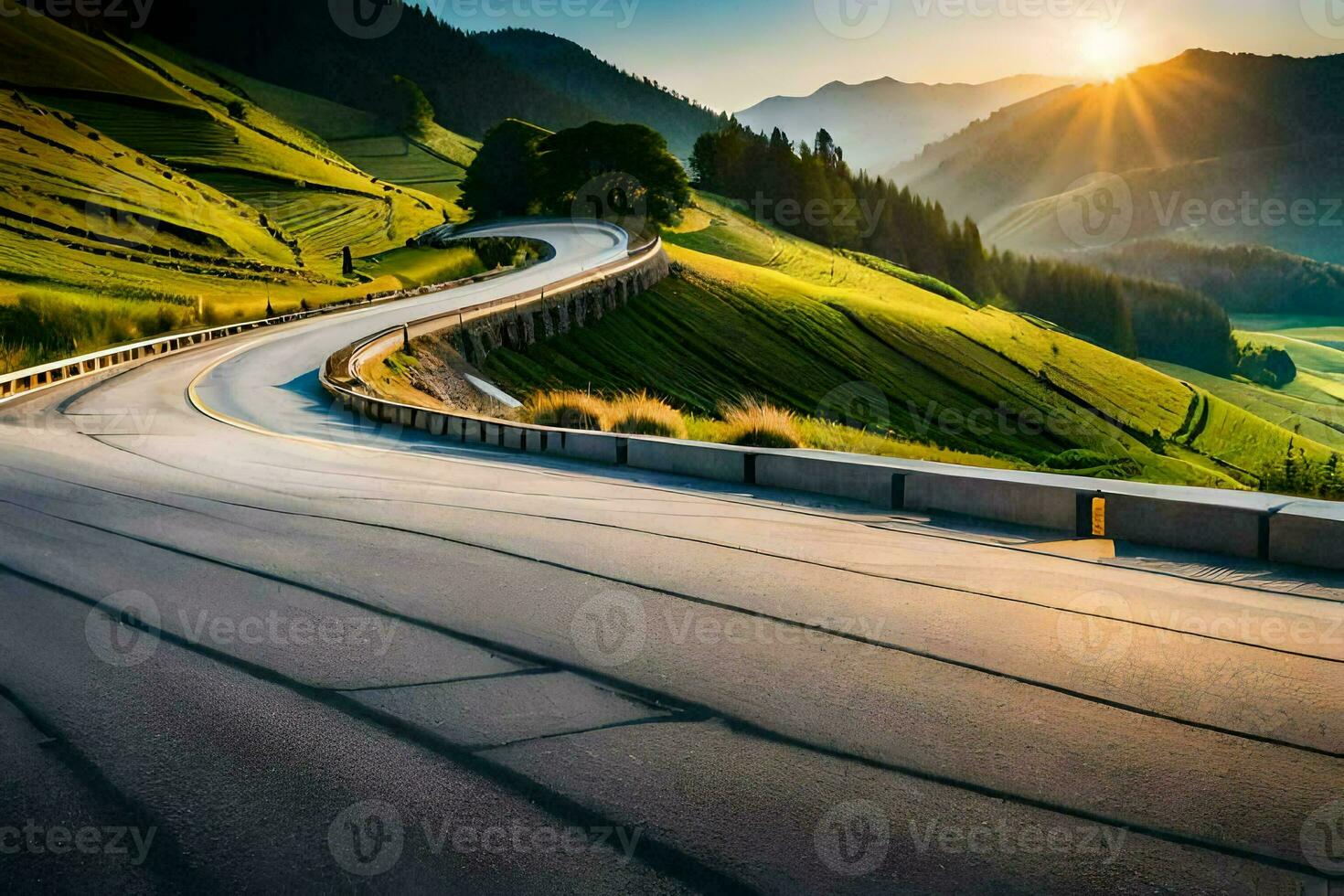 a winding road in the mountains with the sun setting. AI-Generated photo